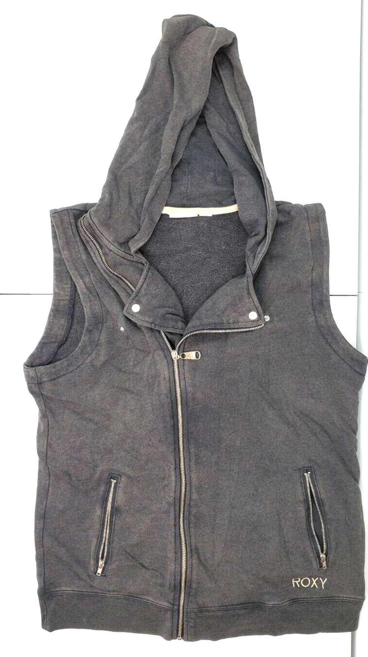 ROXY Juniors L/XL Distressed Cotton Charcoal Black Asymmetrical Hooded Vest